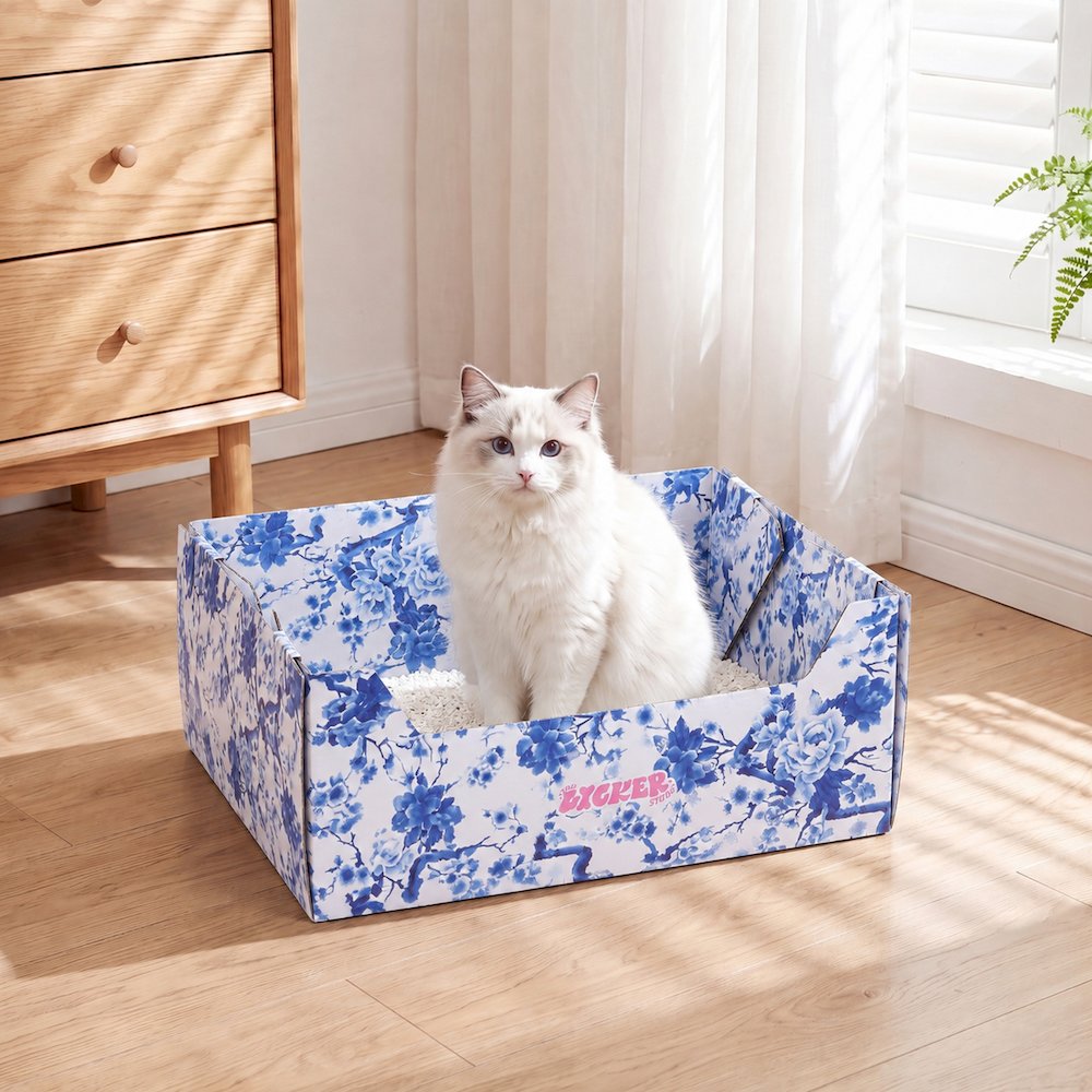 Bosco 17" Cardboard Cat Litter Box with Scoop, Chinoiserie Blue (2-Pack)