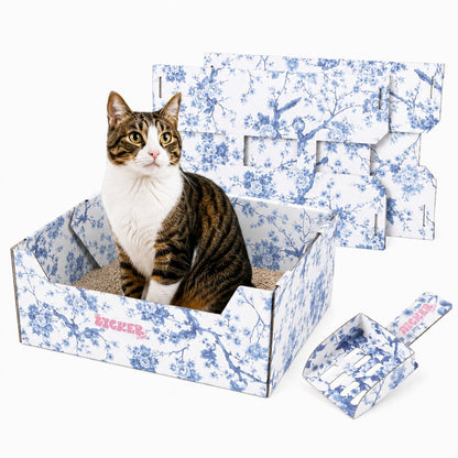 Bosco 17" Cardboard Cat Litter Box with Scoop, Chinoiserie Blue (2-Pack)