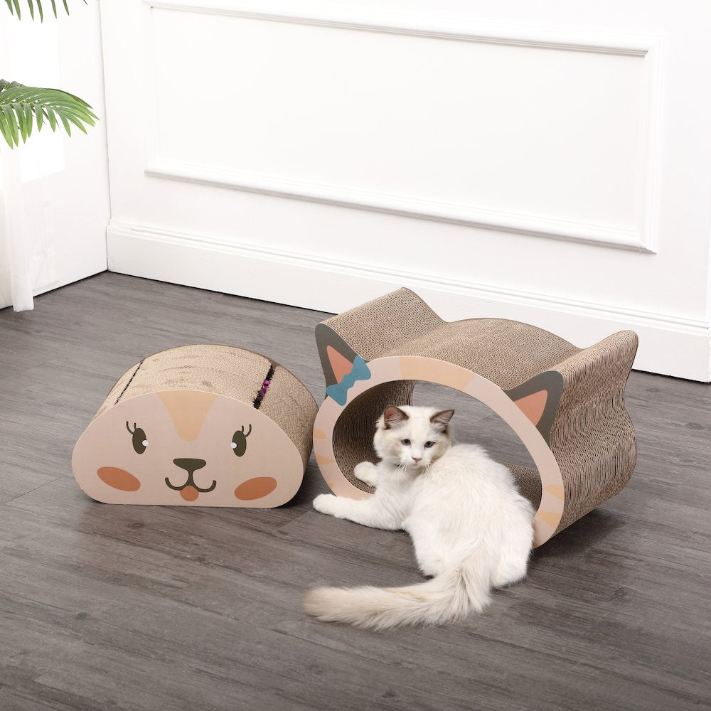 Opal Modern Cardboard Happy Cat Head 2-In-1 Cat Cave Scratcher