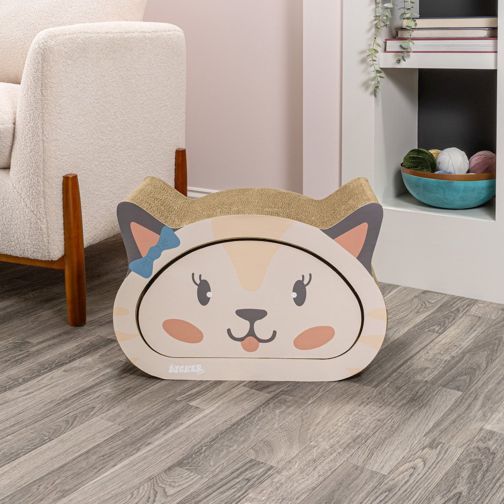 Opal Modern Cardboard Happy Cat Head 2-In-1 Cat Cave Scratcher