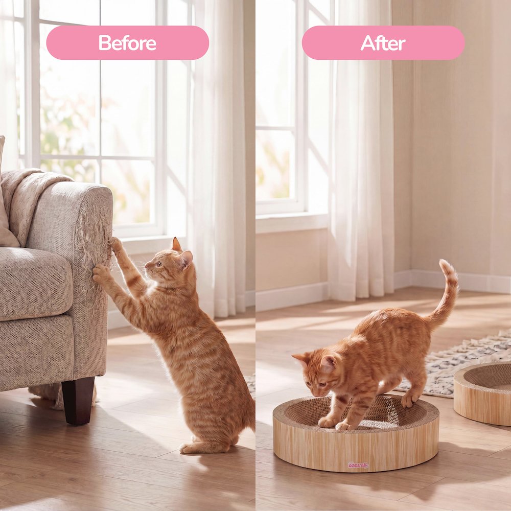 Daisy Cardboard Bowl Cat Scratcher with Catnip, Oak Wood Finish (Set of 2)