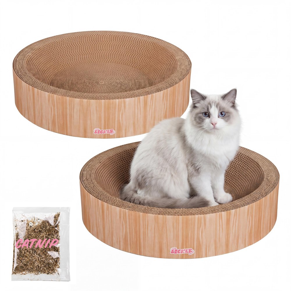 Daisy Cardboard Bowl Cat Scratcher with Catnip, Oak Wood Finish (Set of 2)