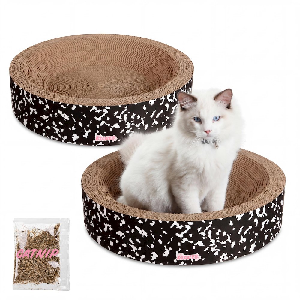 Daisy Modern Cardboard Bowl Cat Scratcher with Catnip, Black/White (Set of 2)