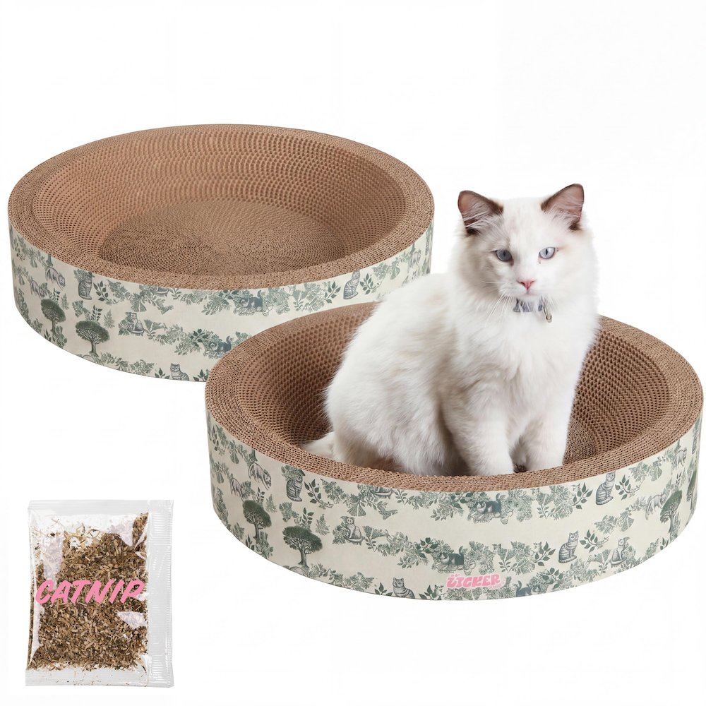 Daisy Modern Cardboard Bowl Cat Scratcher with Catnip, Green (Set of 2)