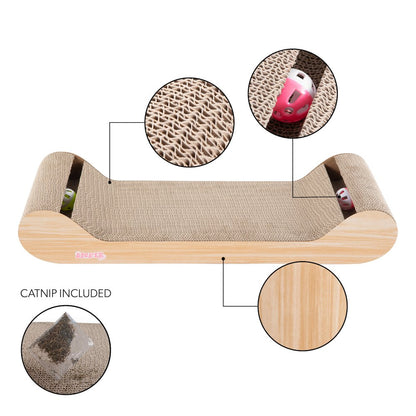 Rini Cardboard Lounge Bed Cat Scratcher with Bell Toys & Catnip, Oak Wood Finish