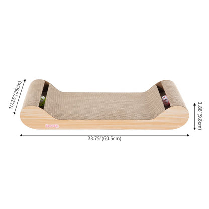 Rini Cardboard Lounge Bed Cat Scratcher with Bell Toys & Catnip, Oak Wood Finish
