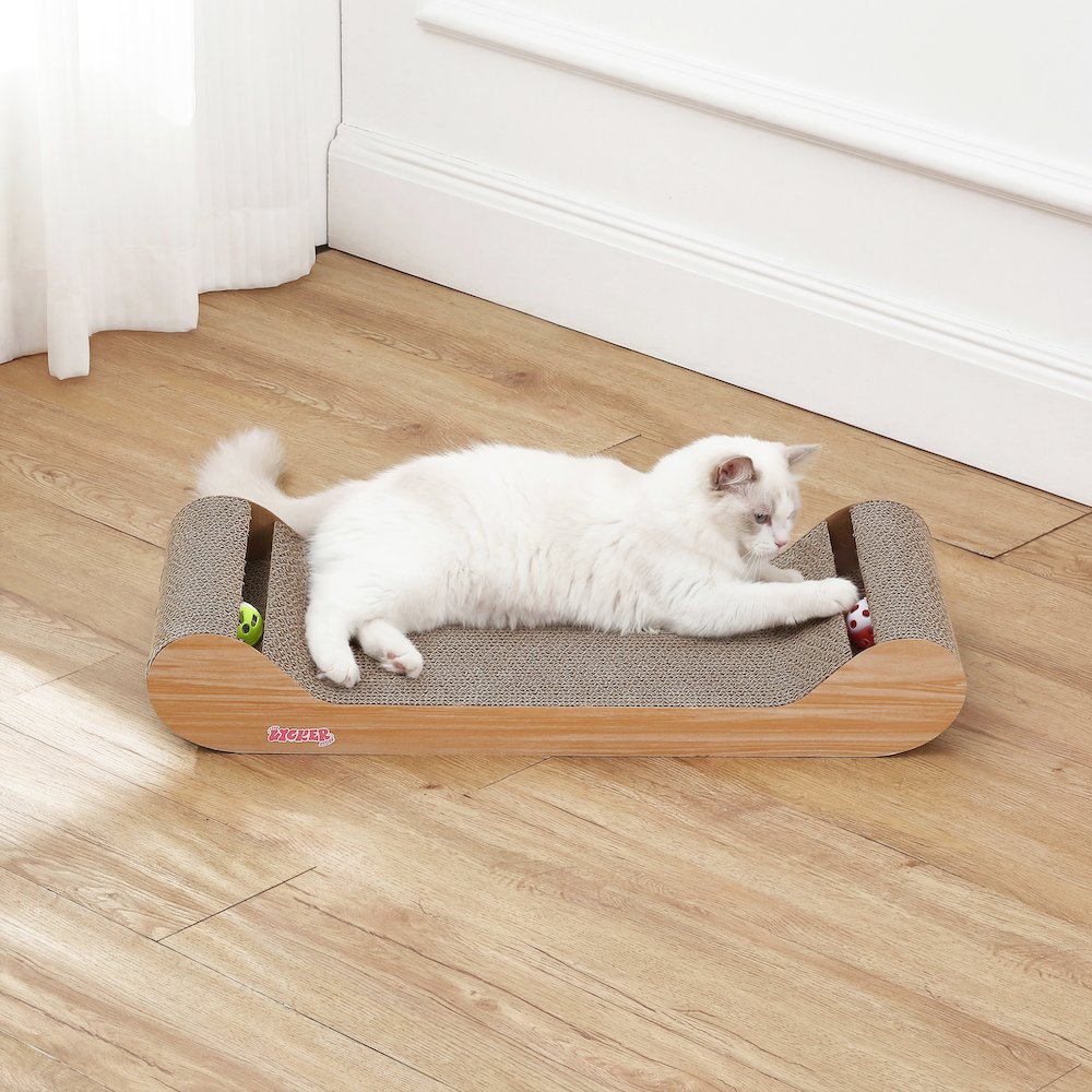 Rini Cardboard Lounge Bed Cat Scratcher with Bell Toys & Catnip, Oak Wood Finish