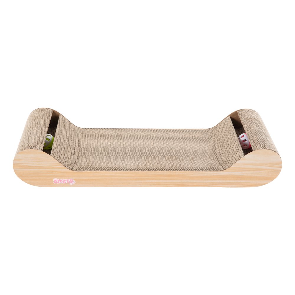 Rini Cardboard Lounge Bed Cat Scratcher with Bell Toys & Catnip, Oak Wood Finish