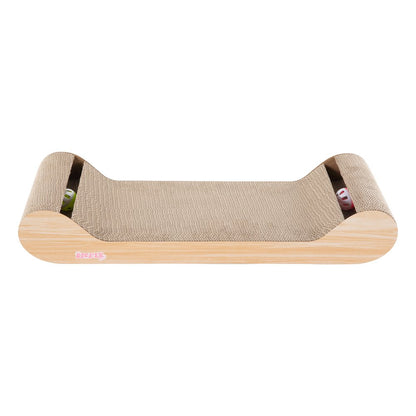 Rini Cardboard Lounge Bed Cat Scratcher with Bell Toys & Catnip, Oak Wood Finish
