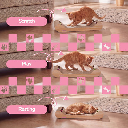 Rini Lounge Cat Scratcher with Bell Toys & Catnip, Oak Wood Finish (Set of 2)