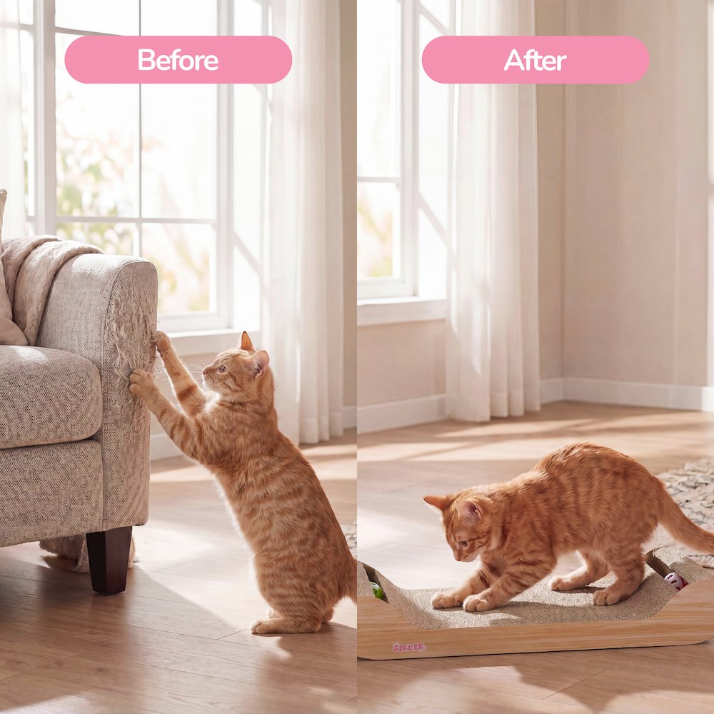 Rini Lounge Cat Scratcher with Bell Toys & Catnip, Oak Wood Finish (Set of 2)