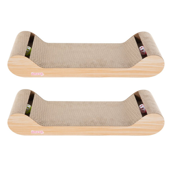 Rini Lounge Cat Scratcher with Bell Toys & Catnip, Oak Wood Finish (Set of 2)