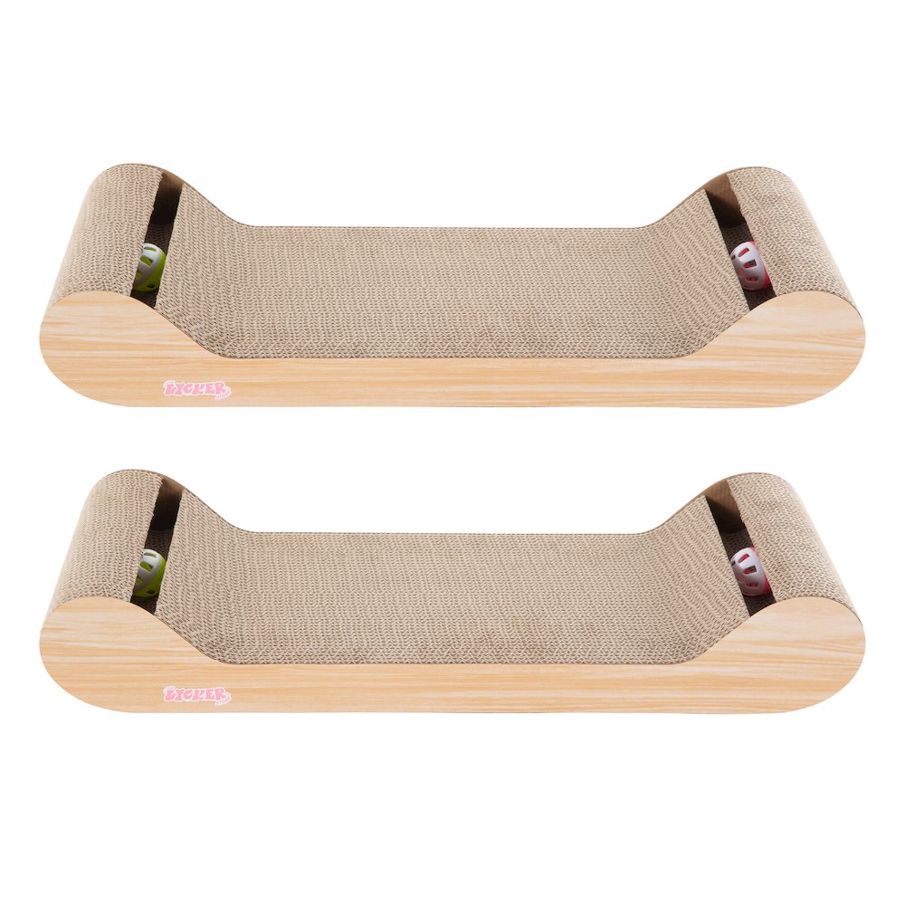 Rini Lounge Cat Scratcher with Bell Toys & Catnip, Oak Wood Finish (Set of 2)