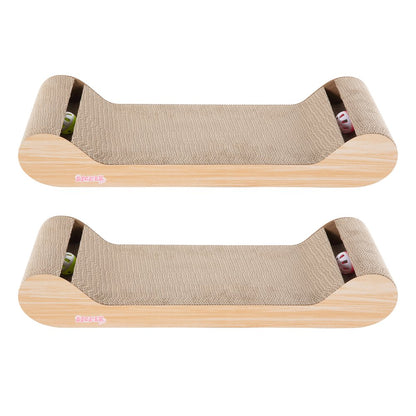 Rini Lounge Cat Scratcher with Bell Toys & Catnip, Oak Wood Finish (Set of 2)