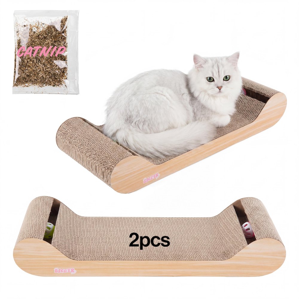 Rini Lounge Cat Scratcher with Bell Toys & Catnip, Oak Wood Finish (Set of 2)
