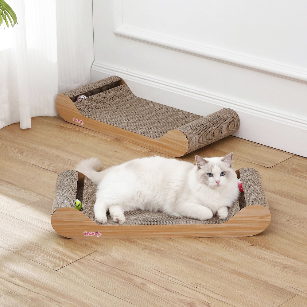 Rini Lounge Cat Scratcher with Bell Toys & Catnip, Oak Wood Finish (Set of 2)