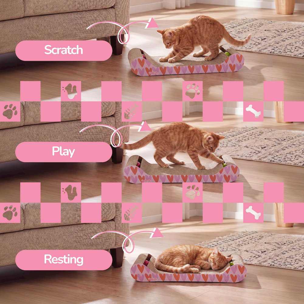 Rini Lounge Bed Cat Scratcher with Bell Toys & Catnip, Pink/Red (Set of 2)