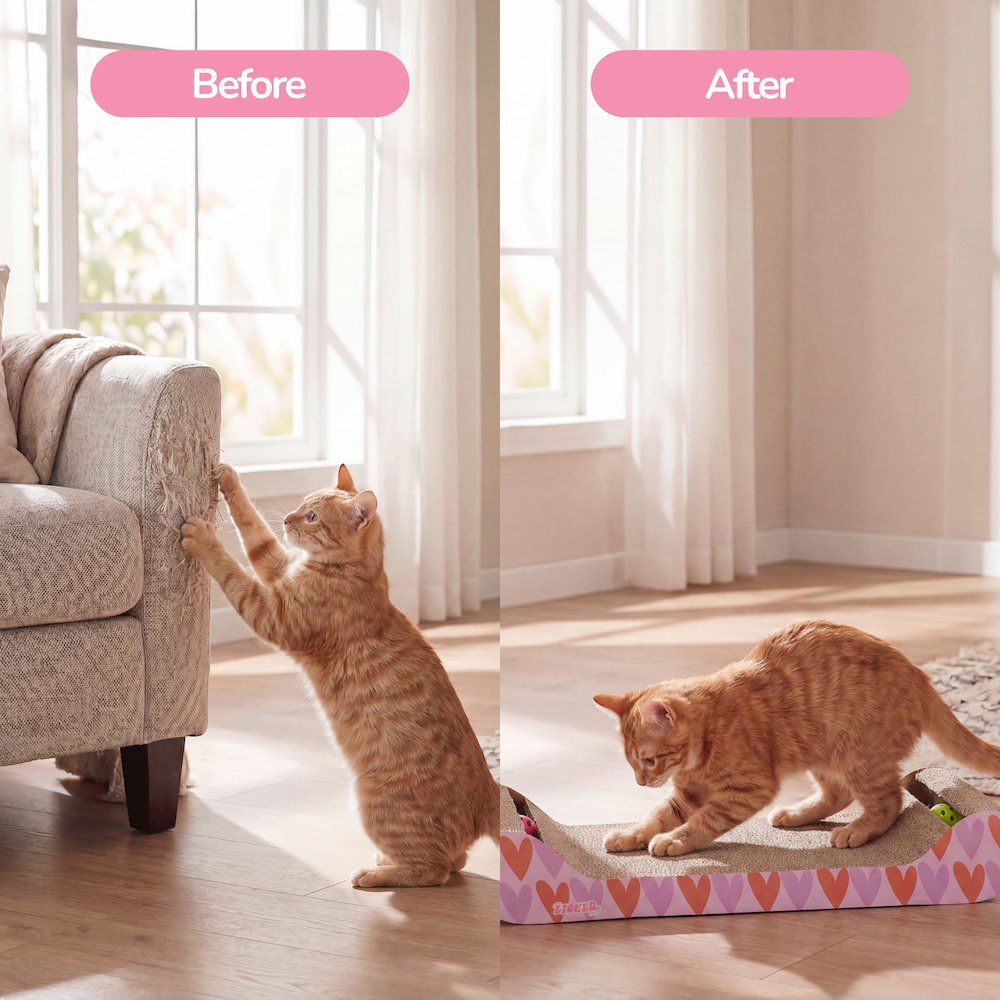 Rini Lounge Bed Cat Scratcher with Bell Toys & Catnip, Pink/Red (Set of 2)