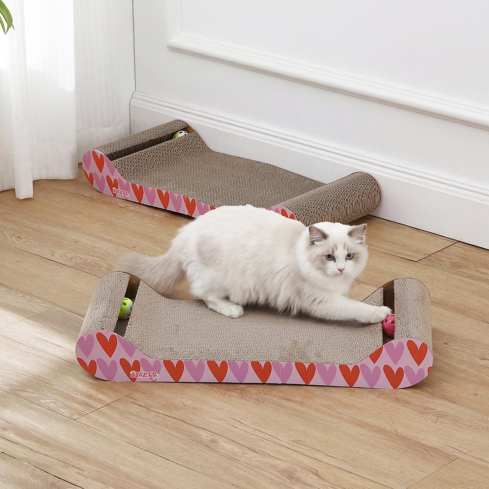 Rini Lounge Bed Cat Scratcher with Bell Toys & Catnip, Pink/Red (Set of 2)