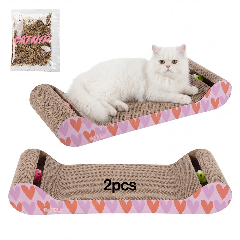 Rini Lounge Bed Cat Scratcher with Bell Toys & Catnip, Pink/Red (Set of 2)