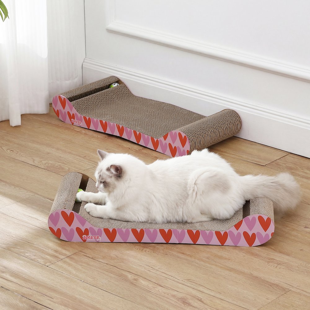 Rini Lounge Bed Cat Scratcher with Bell Toys & Catnip, Pink/Red (Set of 2)