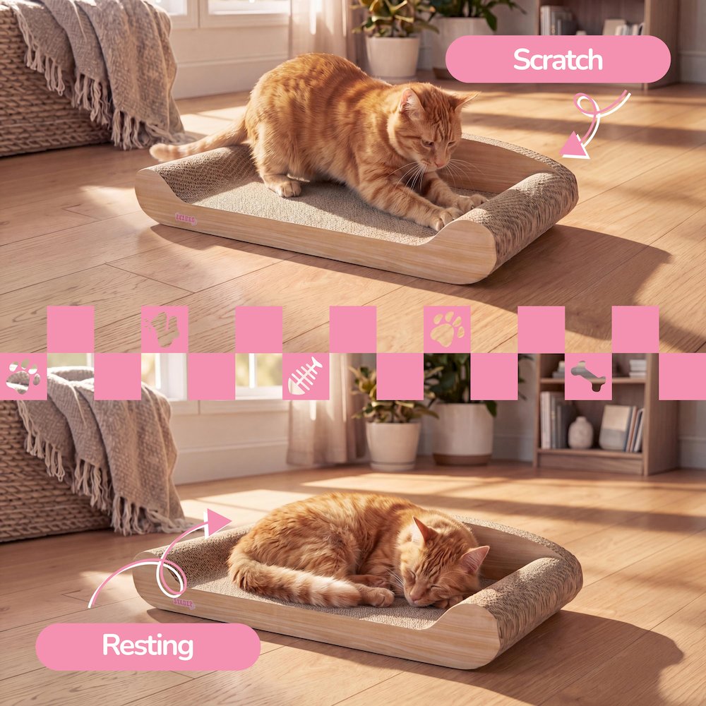Montego Coastal Cardboard Lounge Bed Cat Scratcher with Catnip, Oak Wood Finish