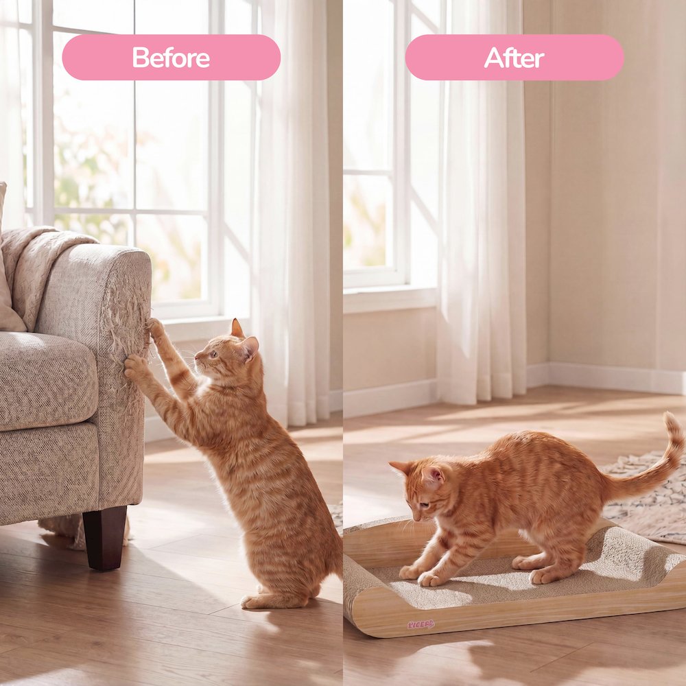 Montego Coastal Cardboard Lounge Bed Cat Scratcher with Catnip, Oak Wood Finish