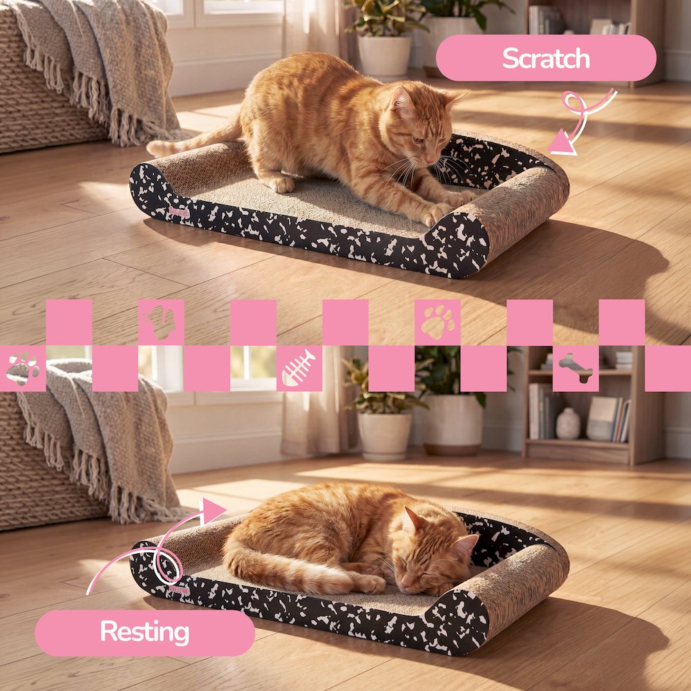 Montego Coastal Cardboard Lounge Bed Cat Scratcher with Catnip, Black/White