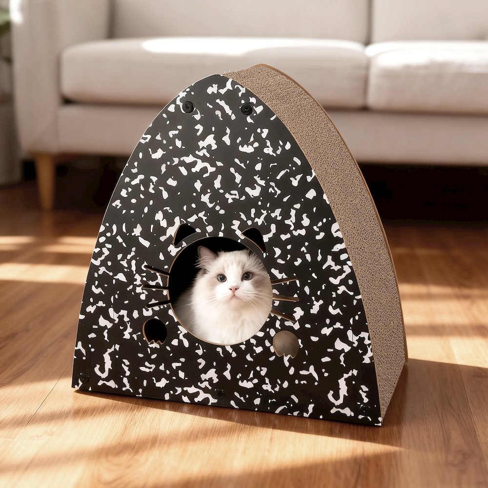 Koko Modern Cardboard Triangle Cat Cave Scratcher with Catnip, Black/White