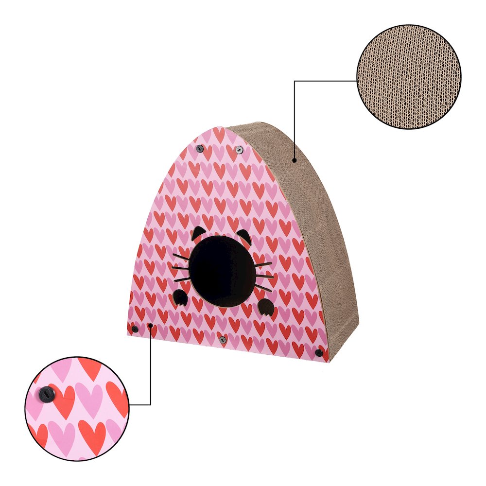 Koko Modern Cardboard Triangle Cat Cave Scratcher with Catnip, Pink/Red