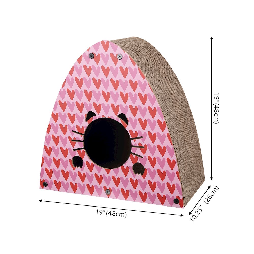 Koko Modern Cardboard Triangle Cat Cave Scratcher with Catnip, Pink/Red