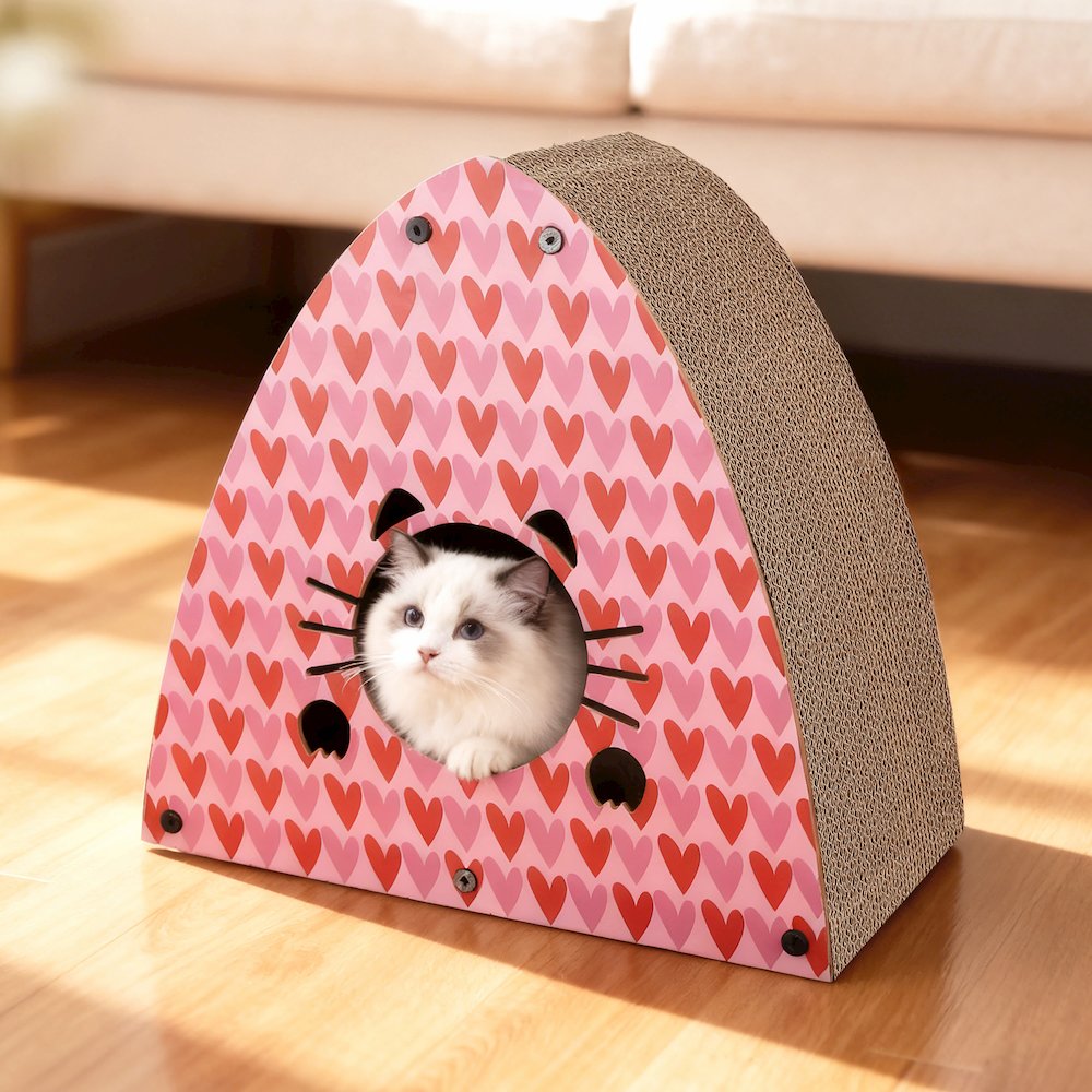 Koko Modern Cardboard Triangle Cat Cave Scratcher with Catnip, Pink/Red