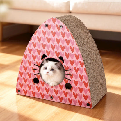 Koko Modern Cardboard Triangle Cat Cave Scratcher with Catnip, Pink/Red