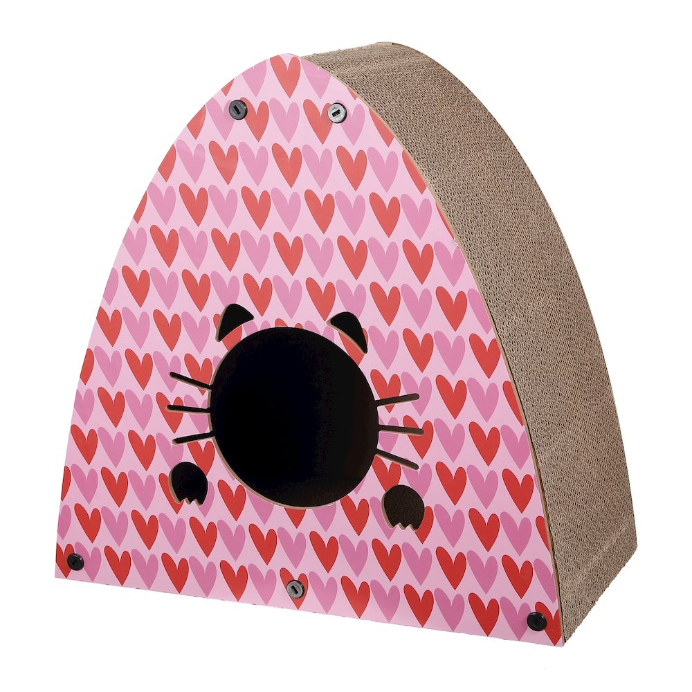 Koko Modern Cardboard Triangle Cat Cave Scratcher with Catnip, Pink/Red