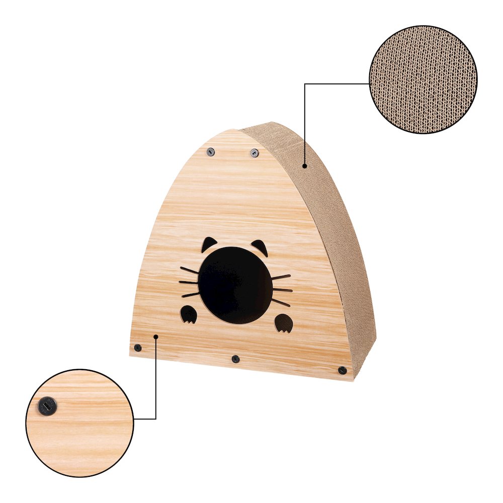 Koko Cardboard Triangle Cat Cave Scratcher with Catnip, Brown Wood Pattern