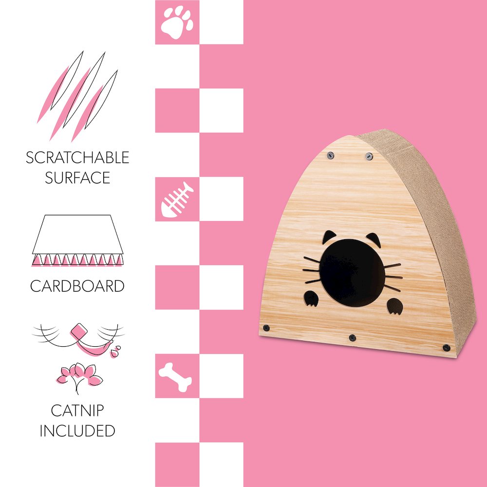 Koko Cardboard Triangle Cat Cave Scratcher with Catnip, Brown Wood Pattern
