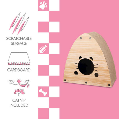 Koko Cardboard Triangle Cat Cave Scratcher with Catnip, Brown Wood Pattern