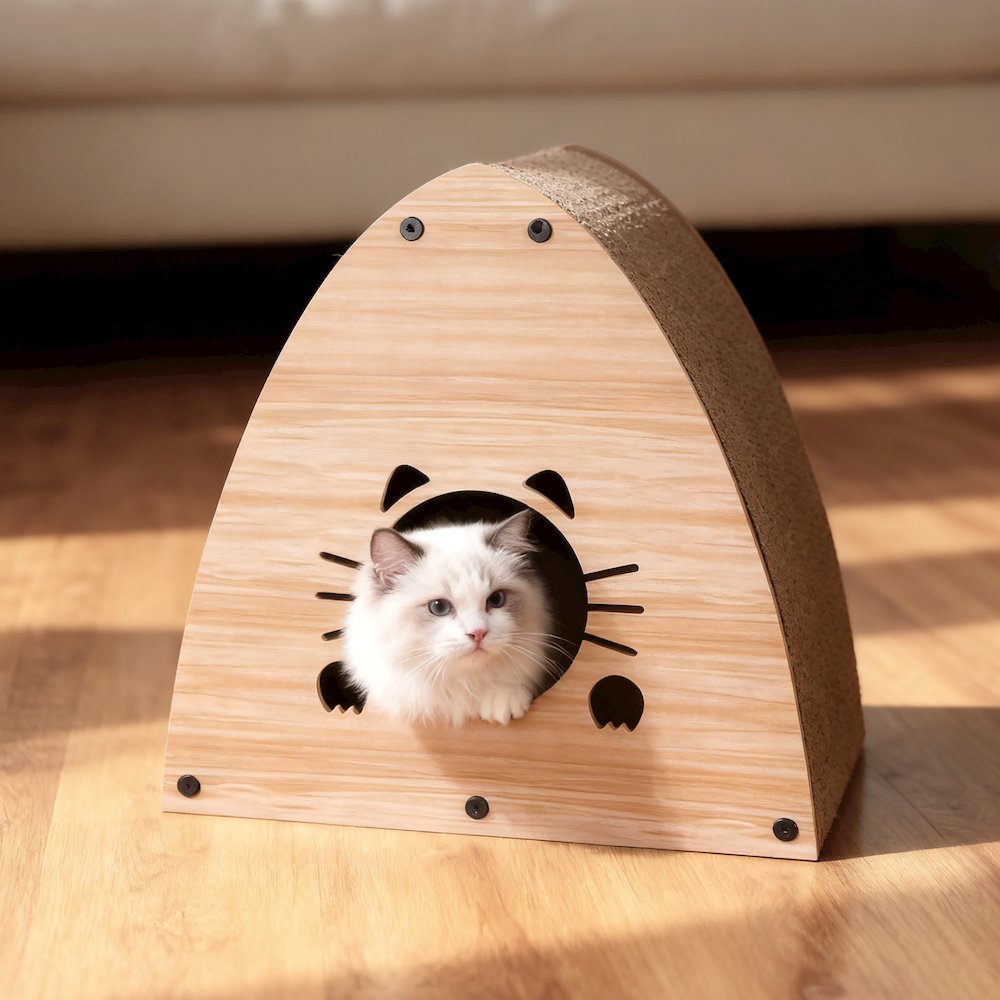 Koko Cardboard Triangle Cat Cave Scratcher with Catnip, Brown Wood Pattern