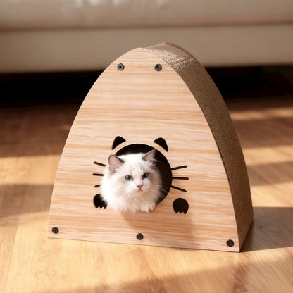 Koko Cardboard Triangle Cat Cave Scratcher with Catnip, Brown Wood Pattern