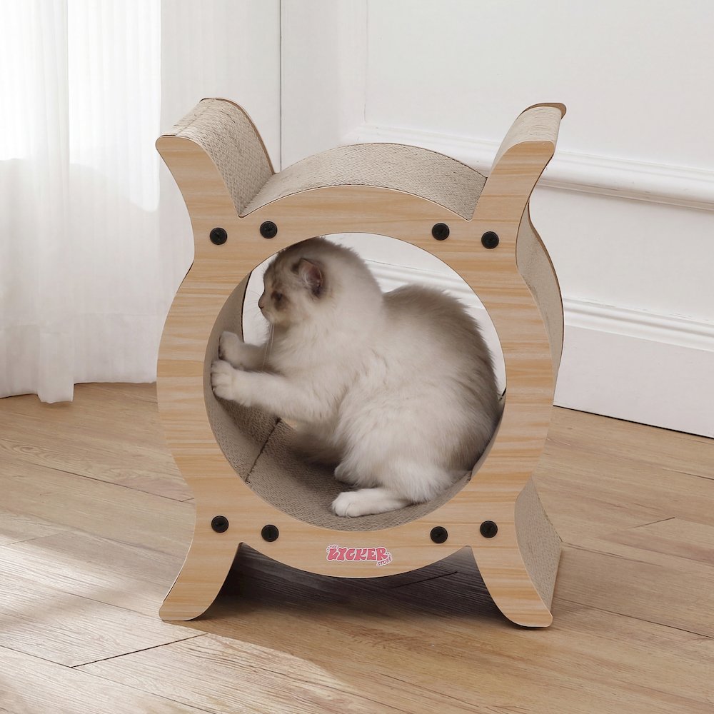 Nyan Modern Cardboard Tunnel Cat Scratcher with Catnip, Oak Wood Finish