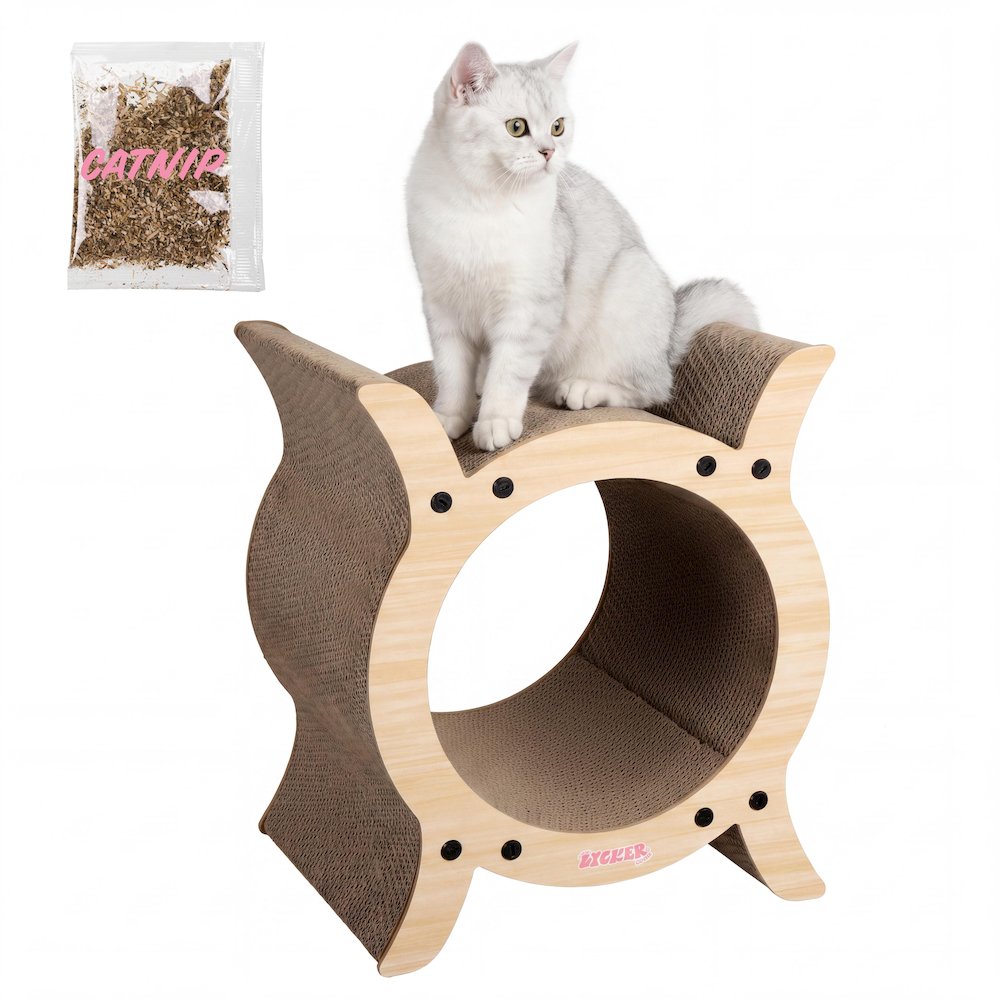 Nyan Modern Cardboard Tunnel Cat Scratcher with Catnip, Oak Wood Finish