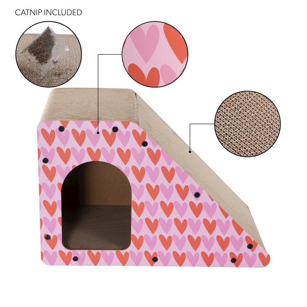 Kento Minimalist Cardboard Angled Cat Cave Scratcher with Catnip, Pink/Red