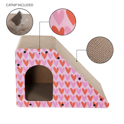 Kento Minimalist Cardboard Angled Cat Cave Scratcher with Catnip, Pink/Red