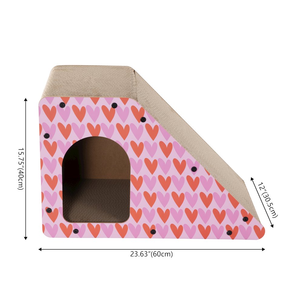 Kento Minimalist Cardboard Angled Cat Cave Scratcher with Catnip, Pink/Red