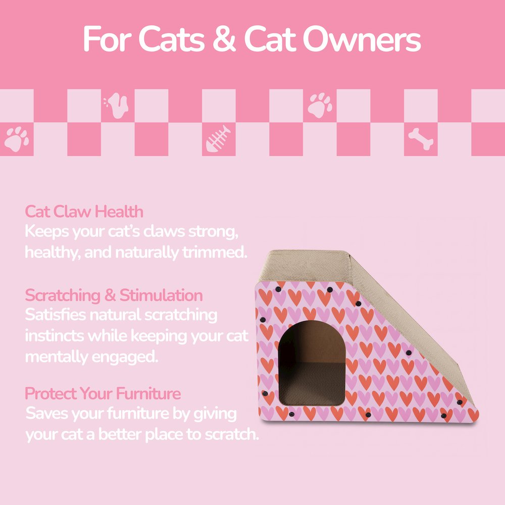 Kento Minimalist Cardboard Angled Cat Cave Scratcher with Catnip, Pink/Red