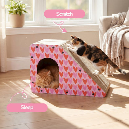 Kento Minimalist Cardboard Angled Cat Cave Scratcher with Catnip, Pink/Red