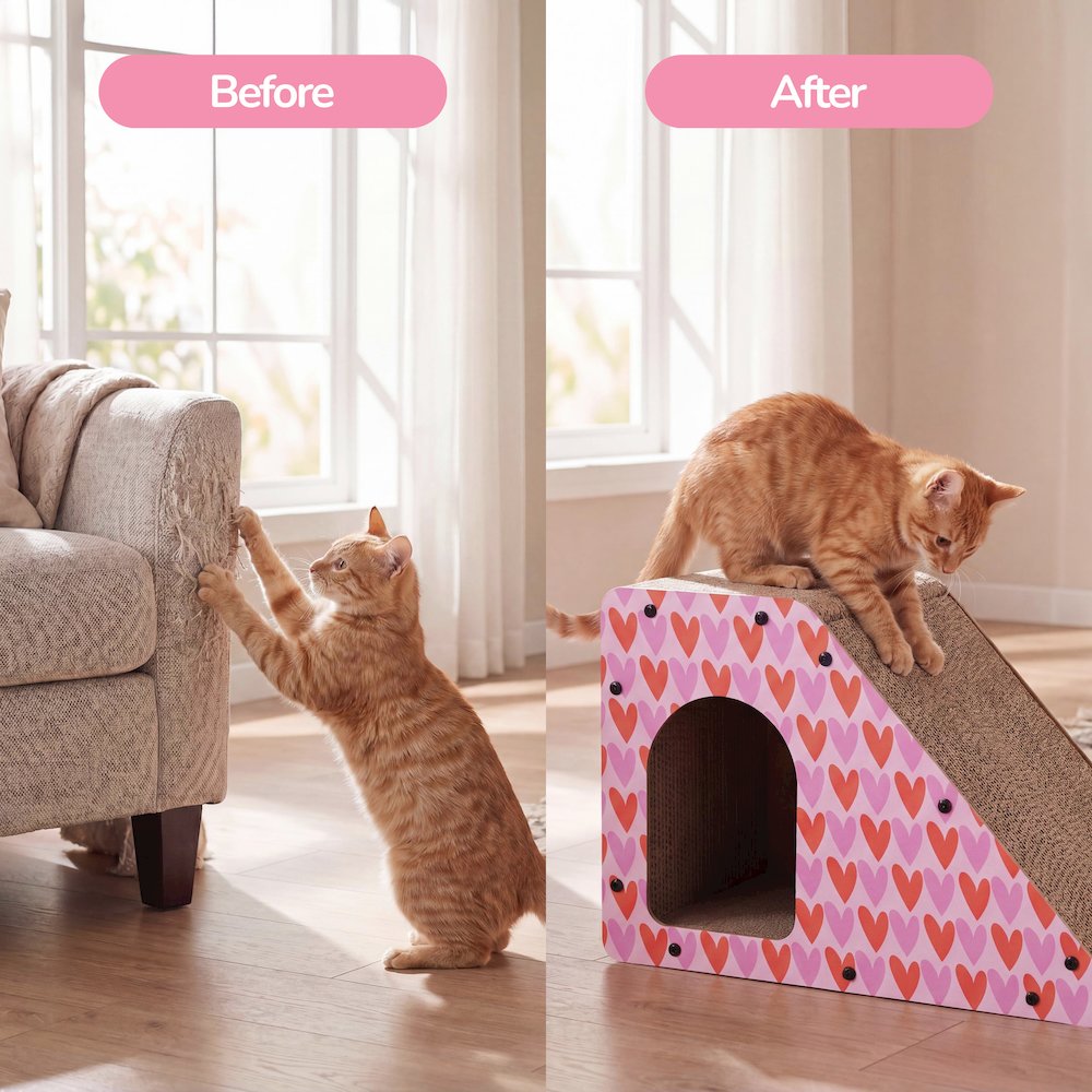 Kento Minimalist Cardboard Angled Cat Cave Scratcher with Catnip, Pink/Red