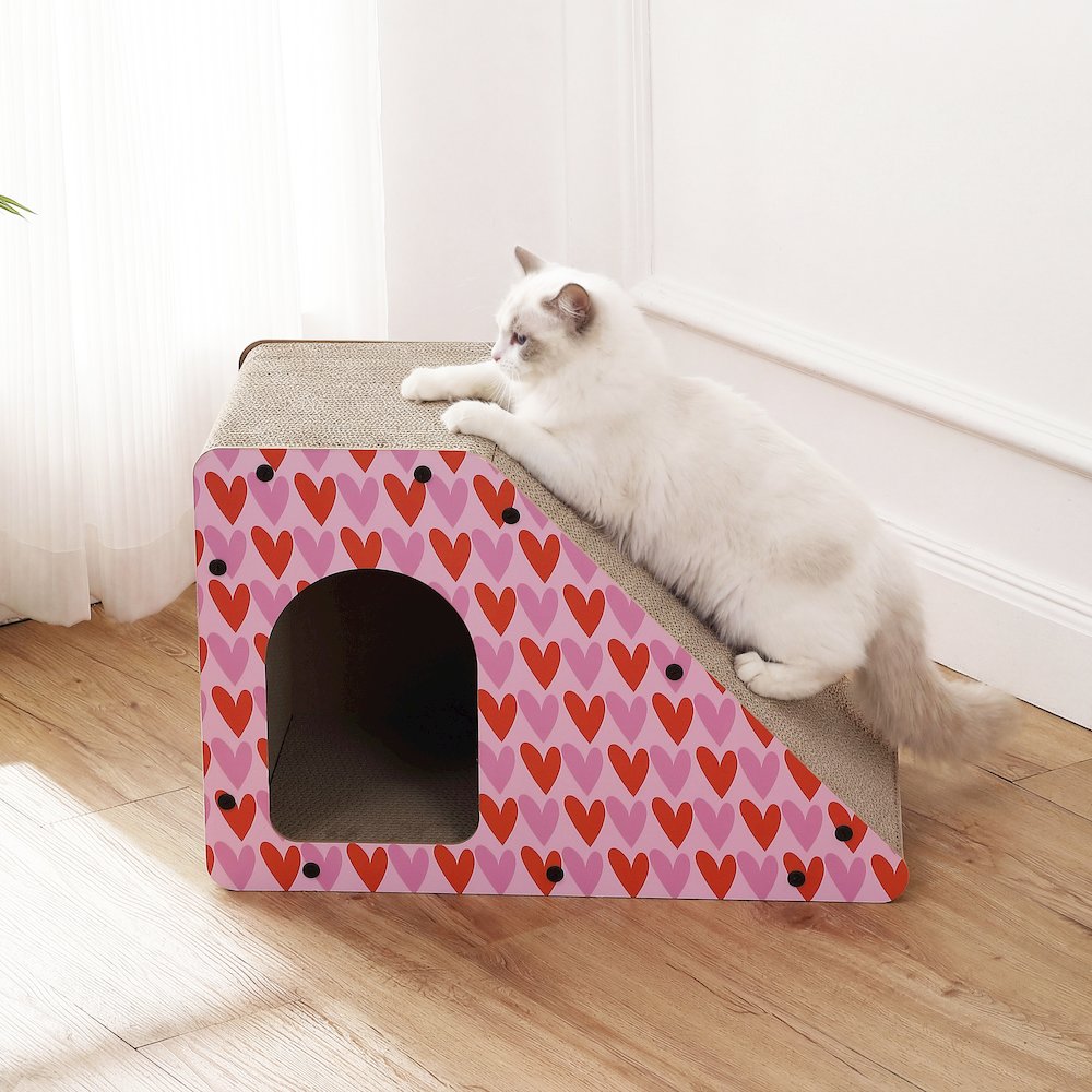 Kento Minimalist Cardboard Angled Cat Cave Scratcher with Catnip, Pink/Red