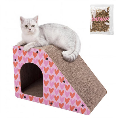 Kento Minimalist Cardboard Angled Cat Cave Scratcher with Catnip, Pink/Red