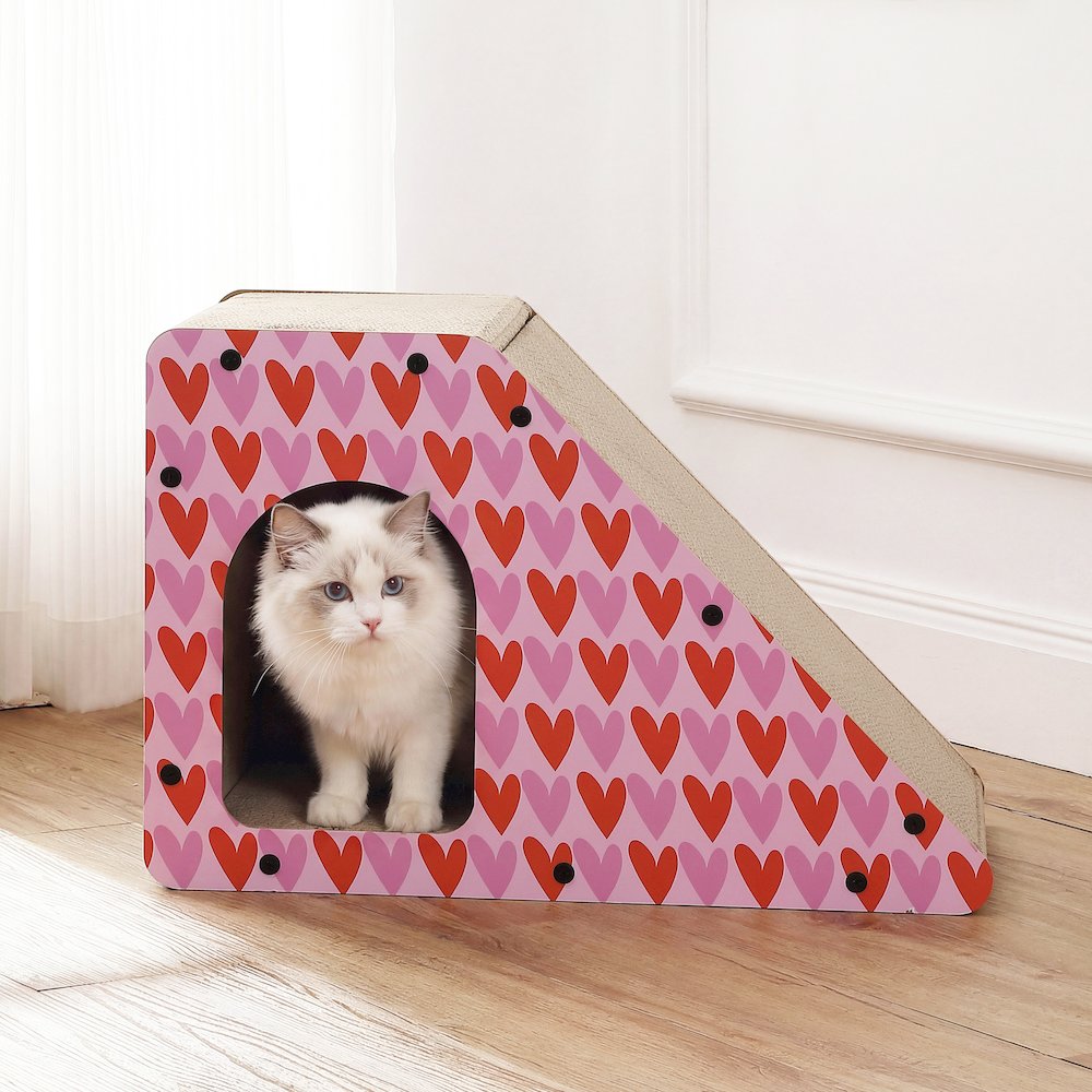 Kento Minimalist Cardboard Angled Cat Cave Scratcher with Catnip, Pink/Red